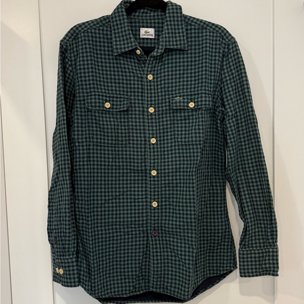 Lacoste Green Casual Button Down Shirt with Checkered Pattern